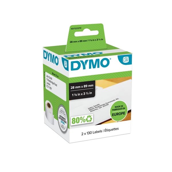 Papírové štítky Dymo LW, 89x28 mm, bílé, 2x 130 ks